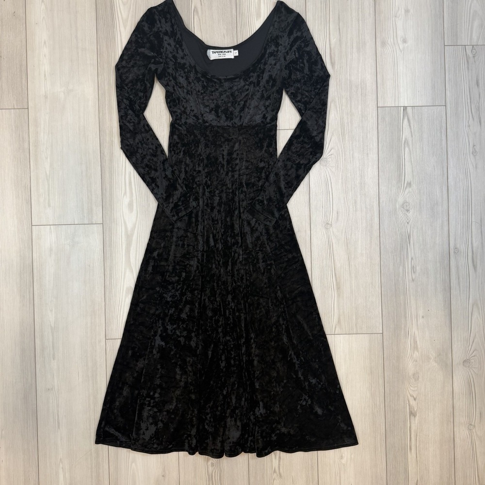 Vintage Tapemeasure Crushed Velvet Long Sleeve Dress Small Black Whimsical Goth